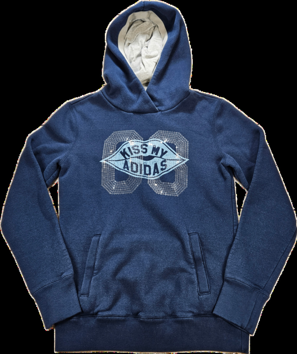 Adidas NEO Hoodie Women's S Navy Blue Sequin Kiss My Adidas Pullover Cotton